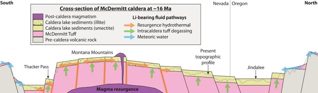 South-north schematic cross-section of McDermitt caldera at the time of magmatic resurgence