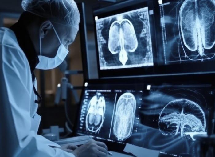 Doctor using computers, that are using AI technology to show a human brain on multiple screens